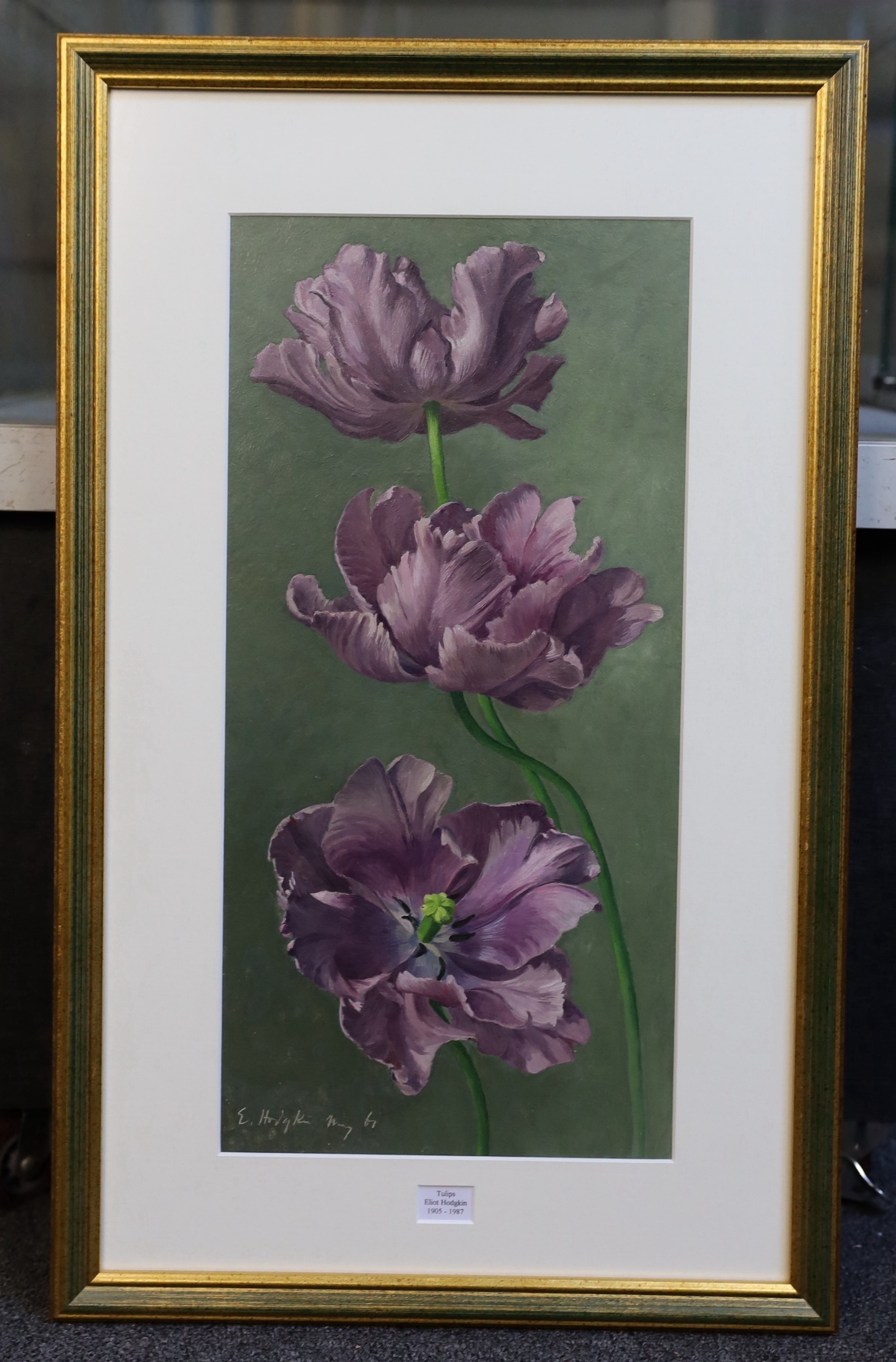 Eliot Hodgkin (British, 1905-1987), 'Tulips', oil on board, 43 x 21 cm